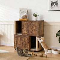 Garvee Double Layer Cat Litter Box Furniture With Scratching Post And Litter Mats, Wooden Corner Cabinet, Multi-Functional, Easy To Clean, Natural Wood Color