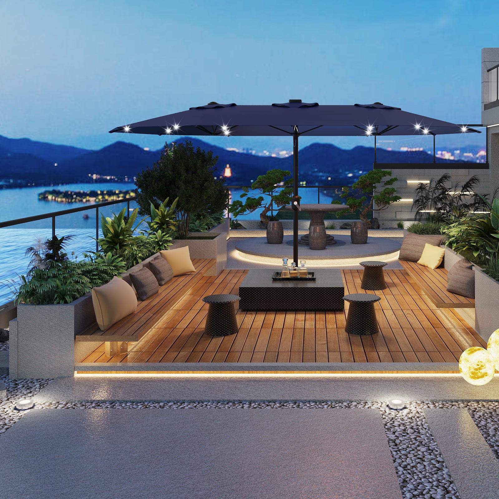 Garvee 4.57m 15ft Rectangular Solar Parasol with LED Lights and Base Included Large Garden Umbrella Crank Handle UV Protection for Patio Backyard Deck Poolside,Navy Blue
