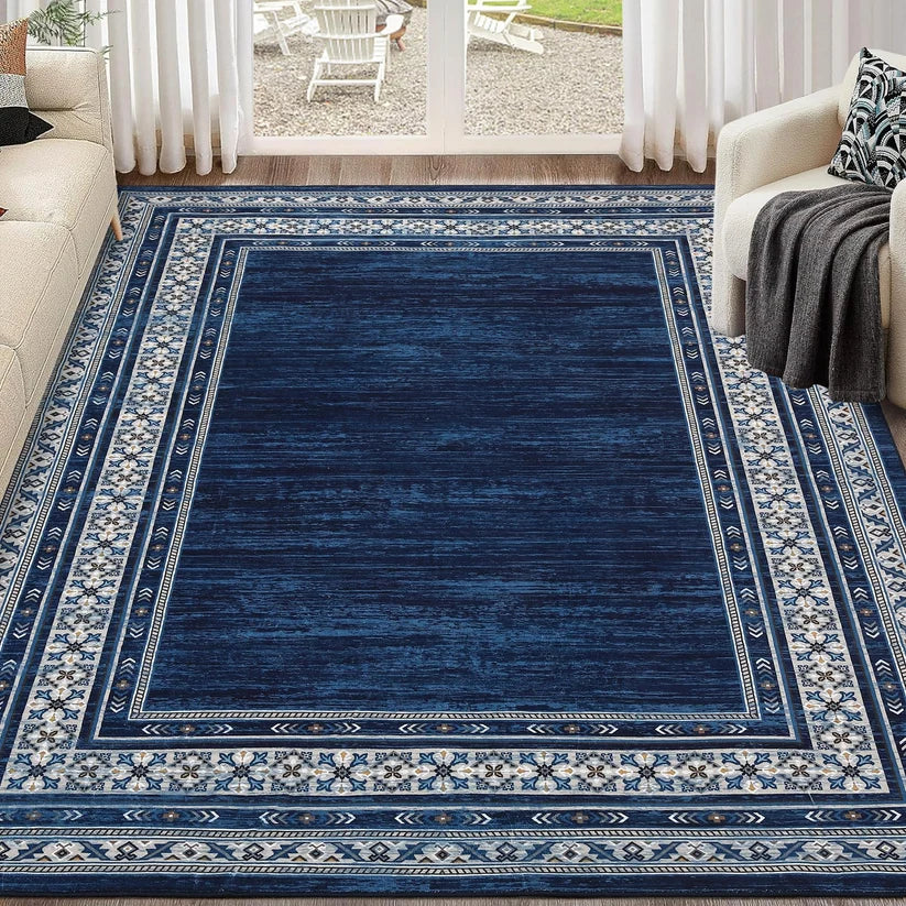 Garvee 160 × 230 cm Navy Blue Washable Bordered Area Rug, Non Slip Low Pile Non Shedding Rug, Modern Distressed Geometric Rug for Living Room Dining Room Bedroom