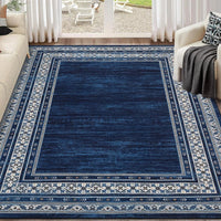 Garvee 160 × 230 cm Navy Blue Washable Bordered Area Rug, Non Slip Low Pile Non Shedding Rug, Modern Distressed Geometric Rug for Living Room Dining Room Bedroom