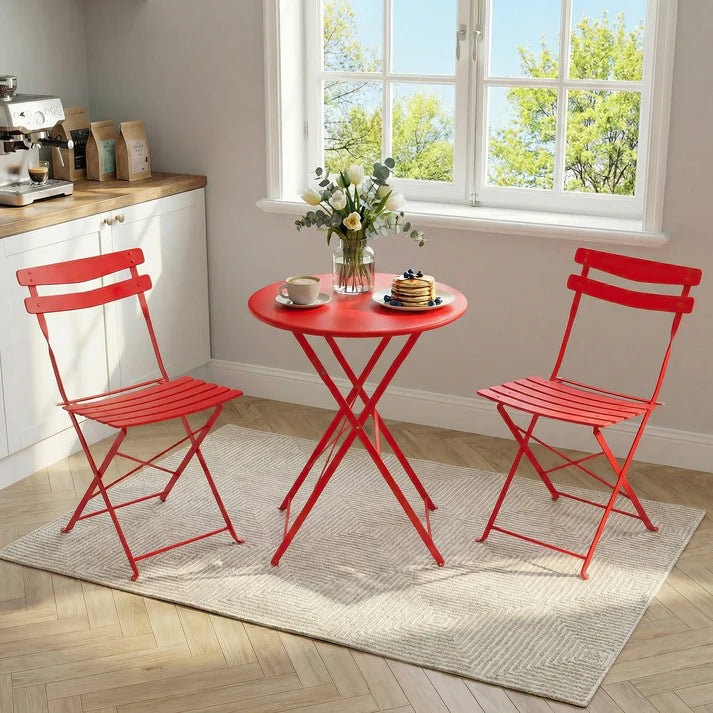 Garvee Red Foldable Metal Garden Bistro Set 3 Piece Table and Chairs Outdoor Furniture No Assembly Required for Balcony Patio and Terrace
