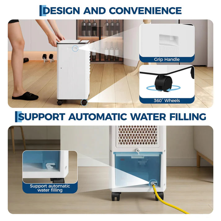 Garvee Evaporative Cooler, 7L (1.54Gal) Portable Air Conditioner Fan with TOUCH SCREEN & Remote Control, 3 Speeds & LED Display, Casters Included, 65W, UK Plug for Bedroom, Office, Home