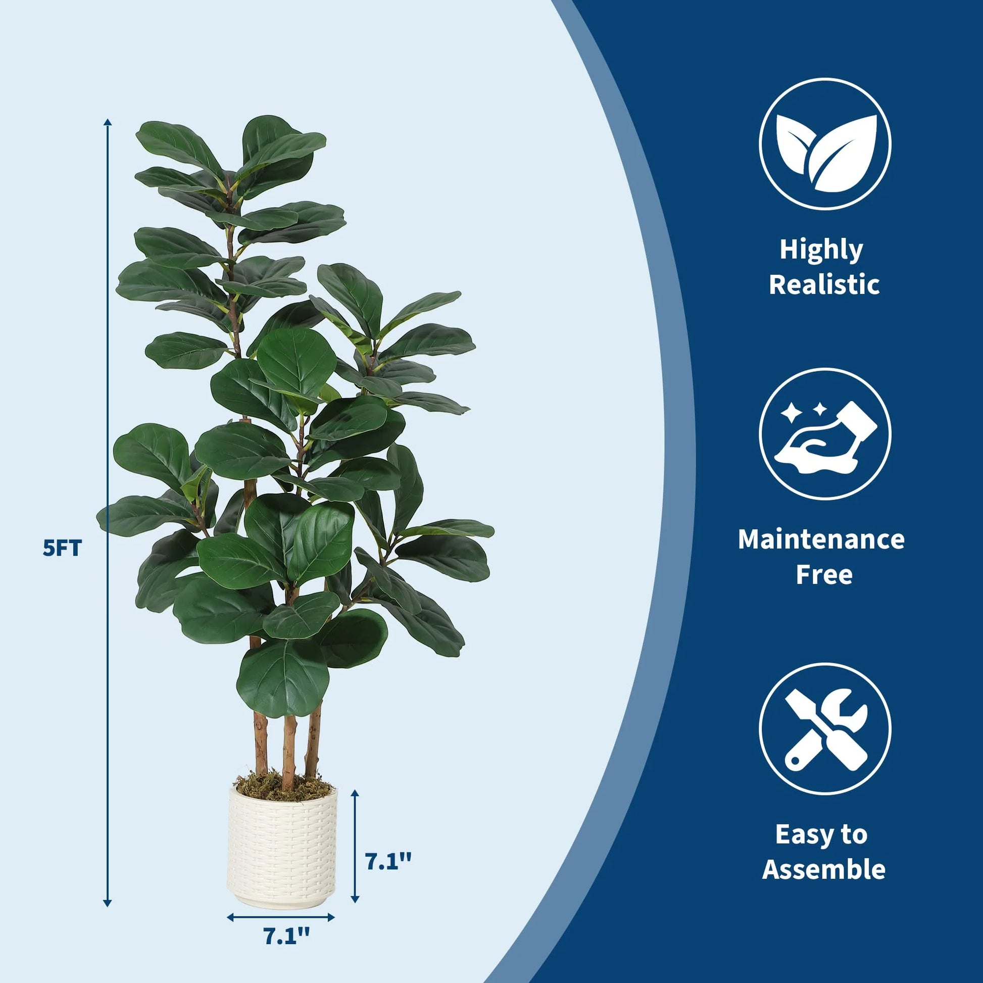 Garvee Artificial Fiddle Leaf Fig Tree 150 cm Fake Potted Plant Large Faux Silk Tree in White Planter Decorative Greenery for Home Office Living Room Indoor Green