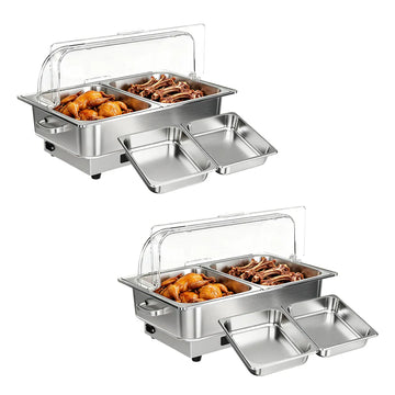 Garvee Pack of 2 Stainless Steel Electric Chafing Dish Buffet Servers 9.5QT Capacity with Roll Top Transparent Lids and Adjustable Temperature Control for Commercial Catering Parties and Home