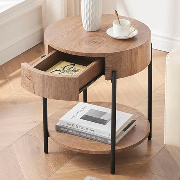 Garvee Vintage Farmhouse Round Side Table Bedside Table with Drawer and Sturdy Metal Legs Wood Accent Furniture for Living Room Bedroom and Home Office - Vintage Brown