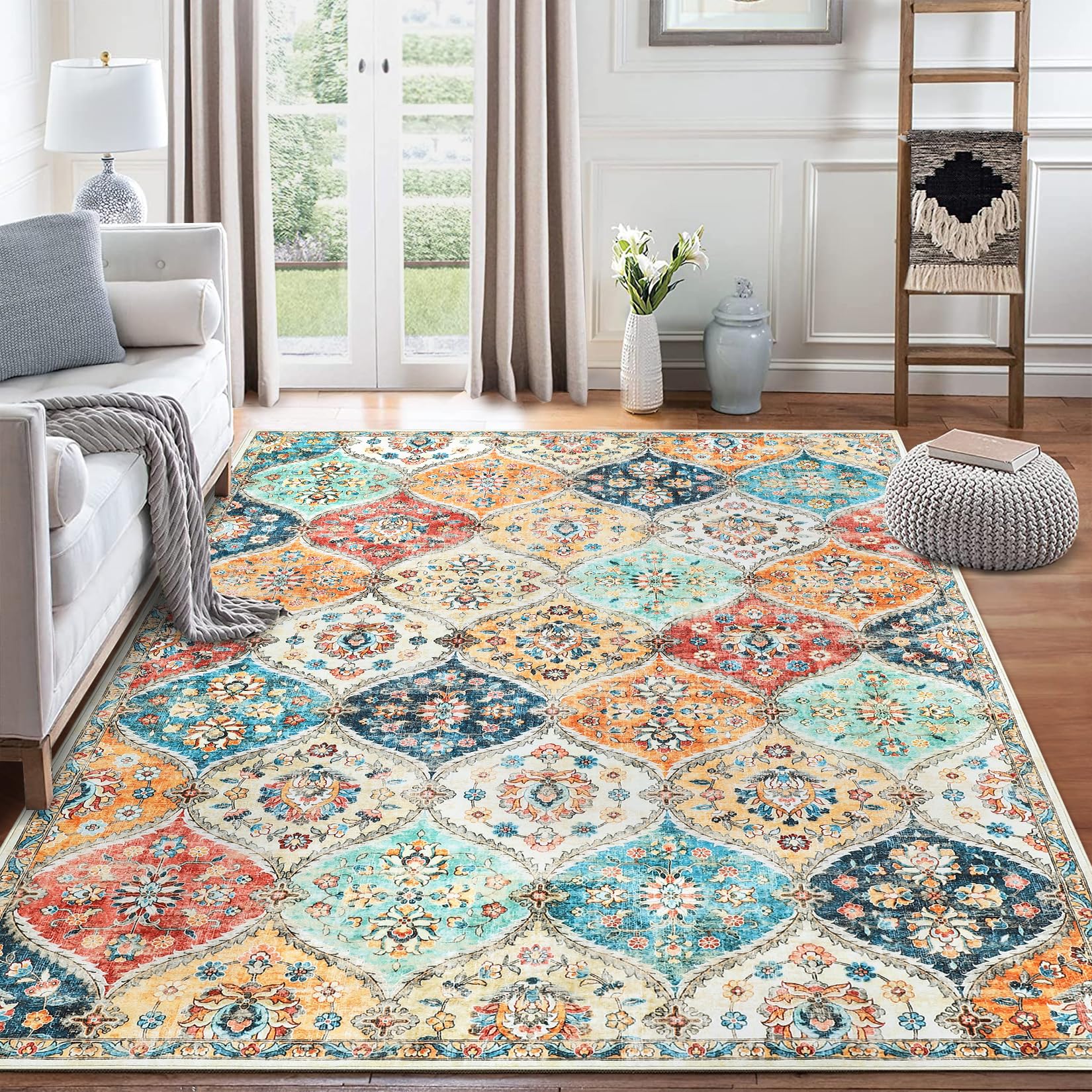 GARVEE 160x230 cm Washable Area Rug Non-Slip Faux Wool Soft Vintage Floral Carpet Pet Friendly Low Pile Mat for Living Room Bedroom Orange
