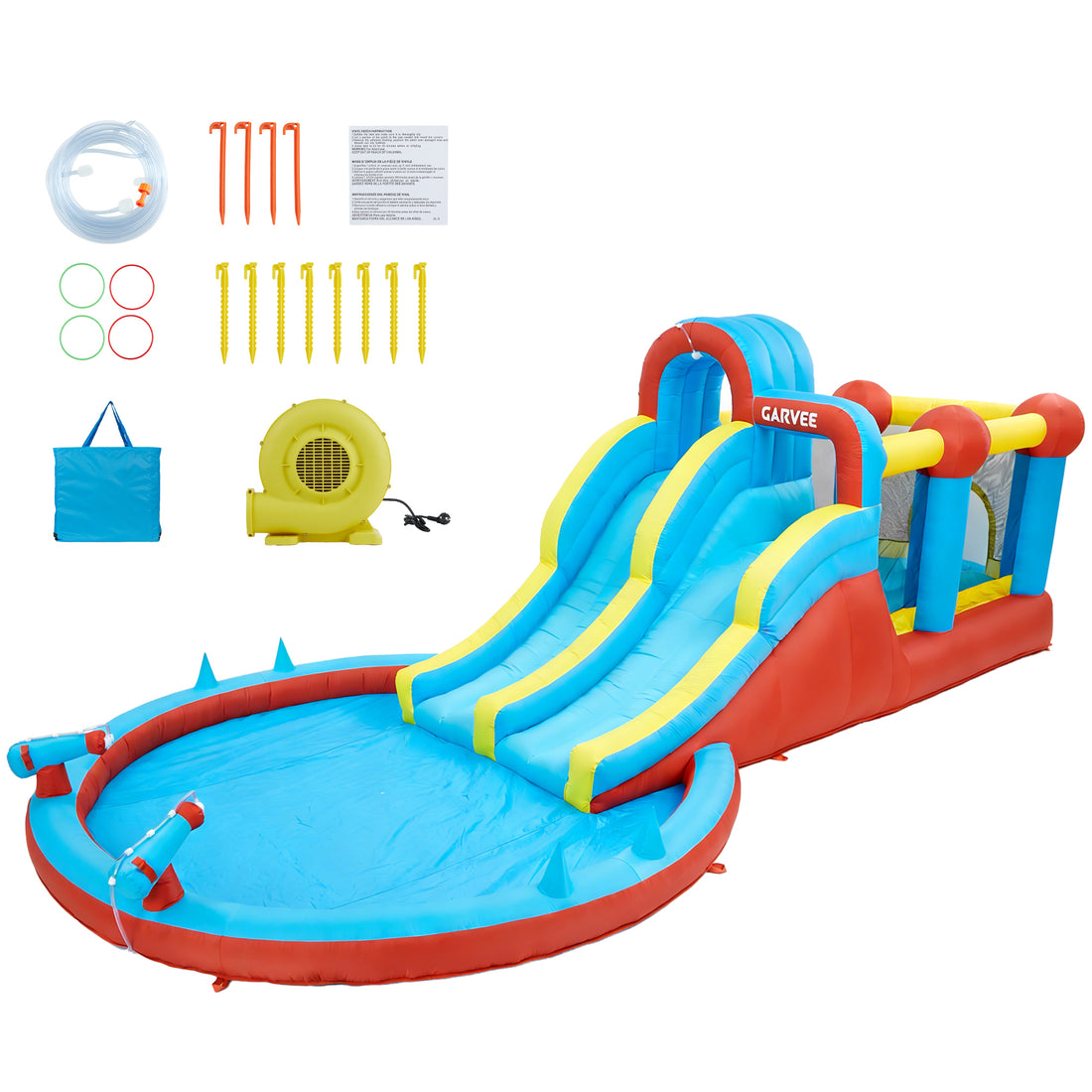 Garvee 8-in-1 Inflatable Water Park with Twin Slides, Climbing Frame & Bounce House – Heavy-Duty Oxford Fabric, 550W Electric Blower, Large Garden Paddling Pool for Kids  – British Standard