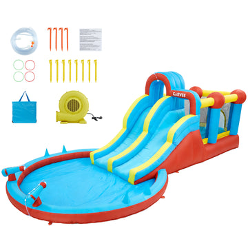 Garvee 8-in-1 Inflatable Water Park with Twin Slides, Climbing Frame & Bounce House – Heavy-Duty Oxford Fabric, 550W Electric Blower, Large Garden Paddling Pool for Kids  – British Standard
