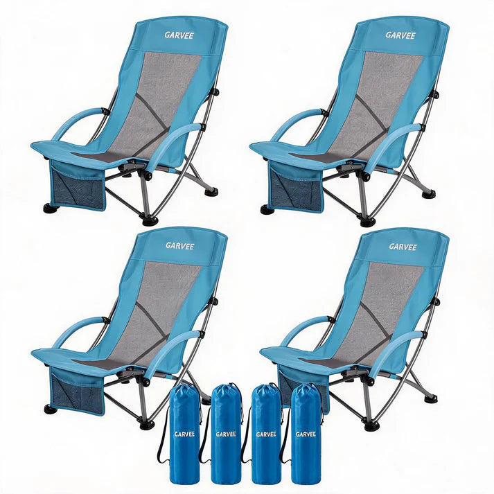 Garvee Blue Set of 4 Folding Beach Chairs 150 kg Heavy Duty Collapsible Deck Chairs with Backpack Straps and Cup Holder for Outdoor Camping