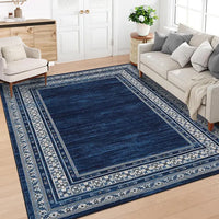 Garvee 120 × 170 cm Navy Blue Washable Bordered Area Rug, Non Slip Low Pile Non Shedding Rug, Modern Distressed Geometric Rug for Living Room Dining Room Bedroom