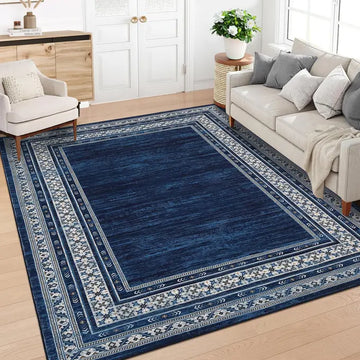Garvee 120 × 170 cm Navy Blue Washable Bordered Area Rug, Non Slip Low Pile Non Shedding Rug, Modern Distressed Geometric Rug for Living Room Dining Room Bedroom
