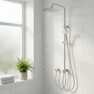 Garvee Modern Rainfall Shower System, 25 cm Stainless Steel Round Overhead & 3-Mode Handheld Shower Head, Height Adjustable No-Drill Concealed Valve Mixer Set with Anti-Limescale Nozzles, Mirror Chrome Finish