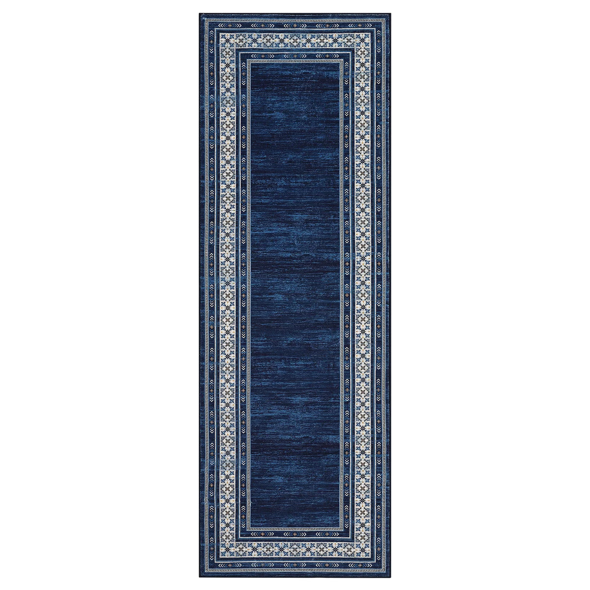 Garvee 60 × 230 cm Navy Blue Washable Bordered Area Rug, Non Slip Low Pile Non Shedding Rug, Modern Distressed Geometric Rug for Living Room Dining Room Bedroom