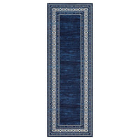 Garvee 60 × 230 cm Navy Blue Washable Bordered Area Rug, Non Slip Low Pile Non Shedding Rug, Modern Distressed Geometric Rug for Living Room Dining Room Bedroom