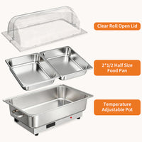 Garvee Pack of 2 Stainless Steel Electric Chafing Dish Buffet Servers 9.5QT Capacity with Roll Top Transparent Lids and Adjustable Temperature Control for Commercial Catering Parties and Home