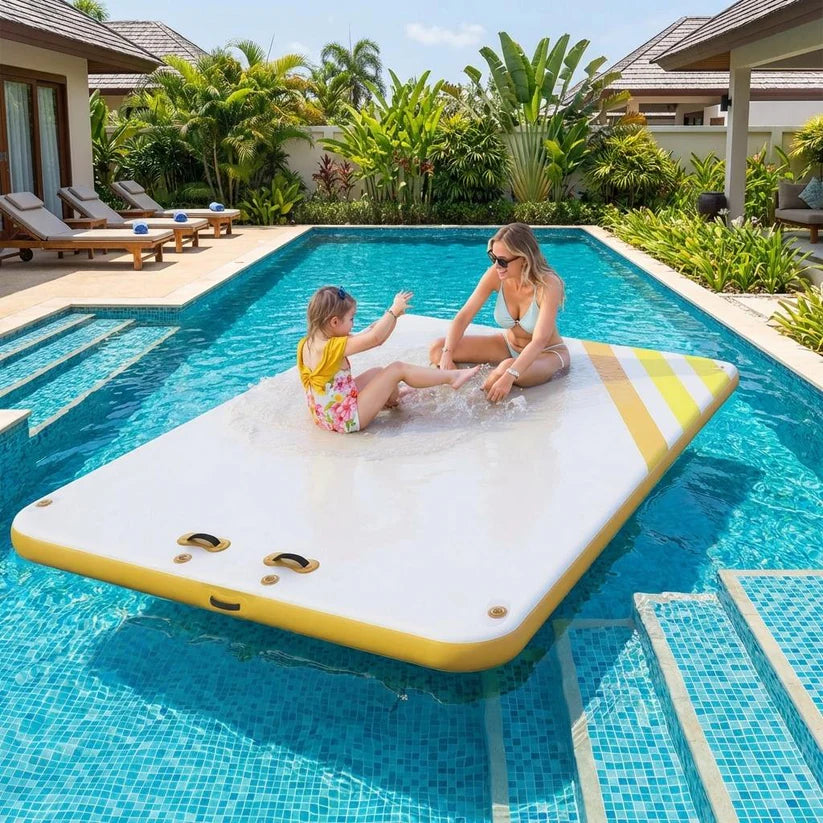 Garvee Yellow 2.4 x 1.8 m Inflatable Floating Dock Platform Swim Pontoon with Rope Ladder and Non Slip Surface for Swimming Pool Beach and Sea