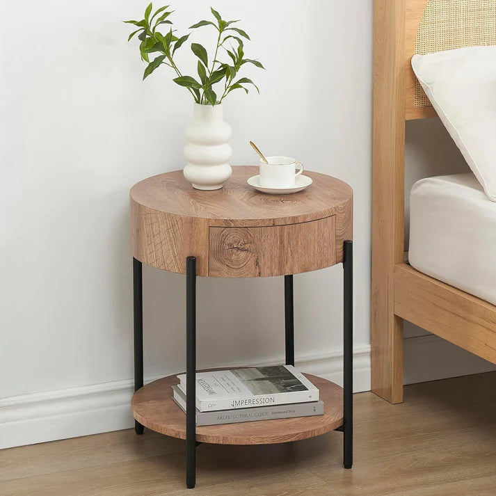 Garvee Vintage Farmhouse Round Side Table Bedside Table with Drawer and Sturdy Metal Legs Wood Accent Furniture for Living Room Bedroom and Home Office - Vintage Brown
