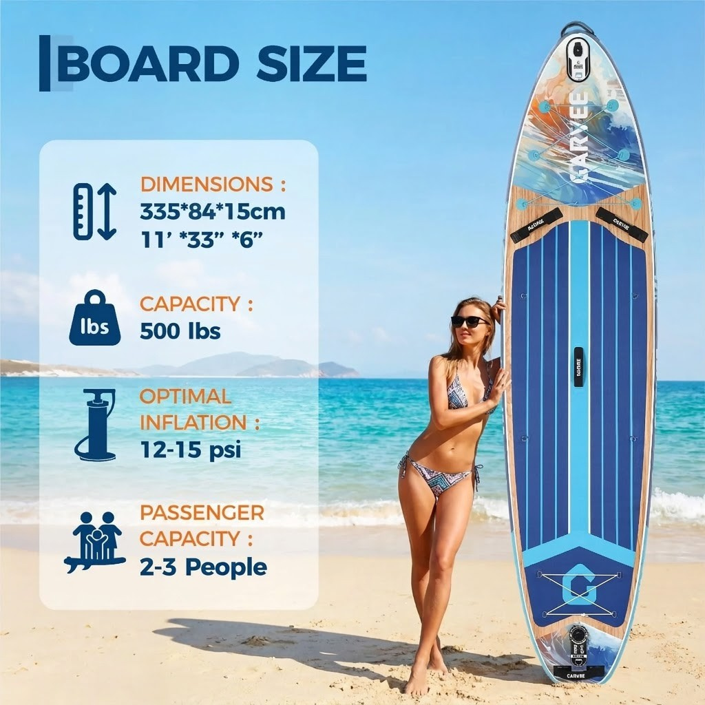 Garvee 11ft (335cm) Inflatable Stand Up Paddle Board – Ocean Blue SUP Set with Non-Slip Deck, Carry Bag & Premium Accessories