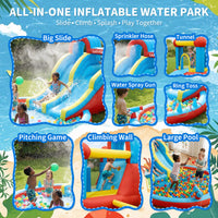 Garvee 8-in-1 Inflatable Water Park with Twin Slides, Climbing Frame & Bounce House – Heavy-Duty Oxford Fabric, 550W Electric Blower, Large Garden Paddling Pool for Kids  – British Standard