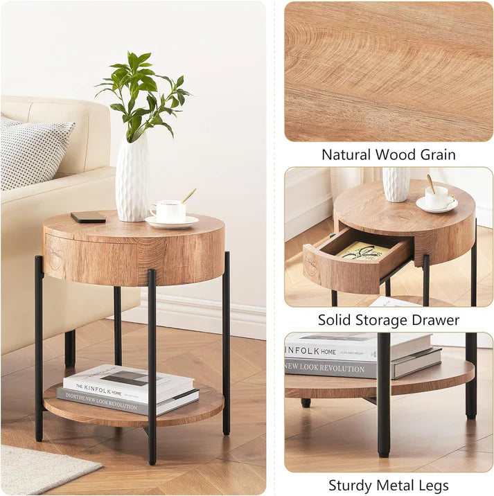 Garvee Vintage Farmhouse Round Side Table Bedside Table with Drawer and Sturdy Metal Legs Wood Accent Furniture for Living Room Bedroom and Home Office - Vintage Brown