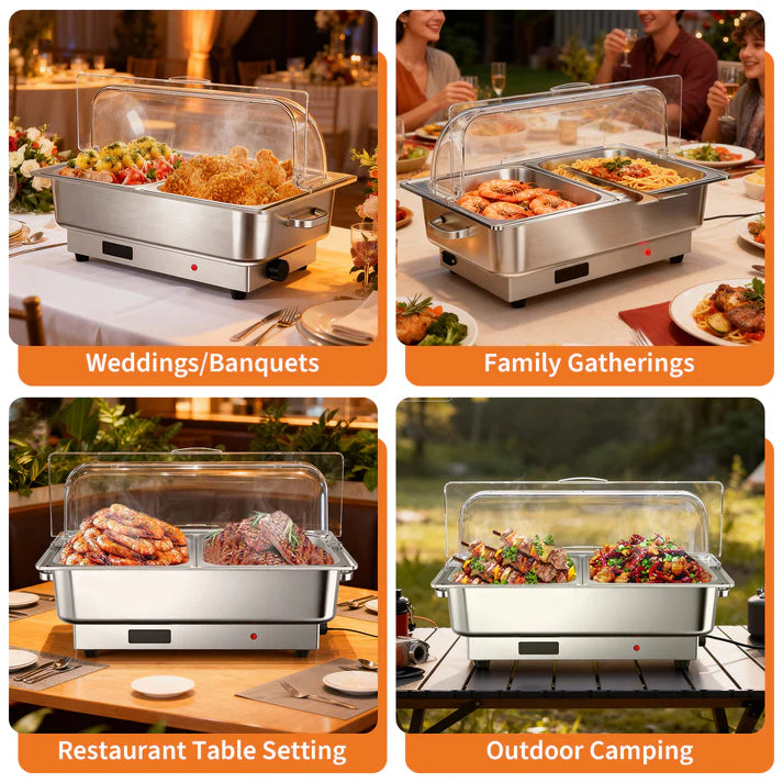 Garvee Pack of 2 Stainless Steel Electric Chafing Dish Buffet Servers 9.5QT Capacity with Roll Top Transparent Lids and Adjustable Temperature Control for Commercial Catering Parties and Home