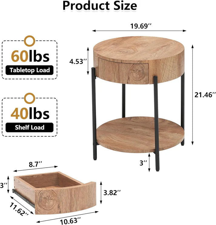 Garvee Vintage Farmhouse Round Side Table Bedside Table with Drawer and Sturdy Metal Legs Wood Accent Furniture for Living Room Bedroom and Home Office - Vintage Brown