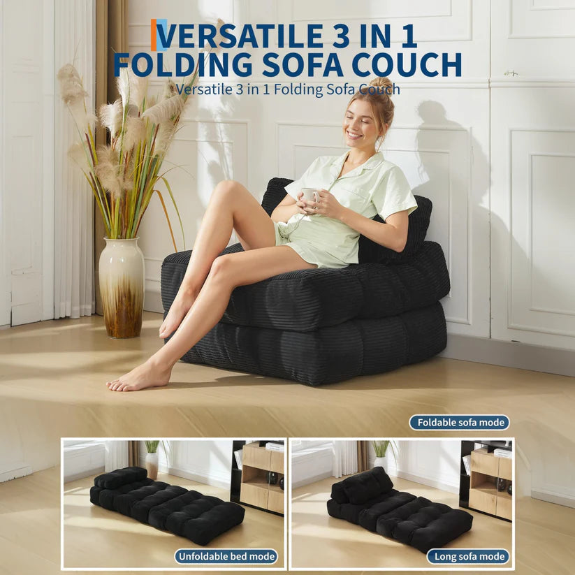 Garvee 3-in-1 Folding Convertible Sofa Bed with Pillow, Portable Sleeper Chair for Living Room Bedroom, Black Single, Space-Saving, Comfortable, No Assembly