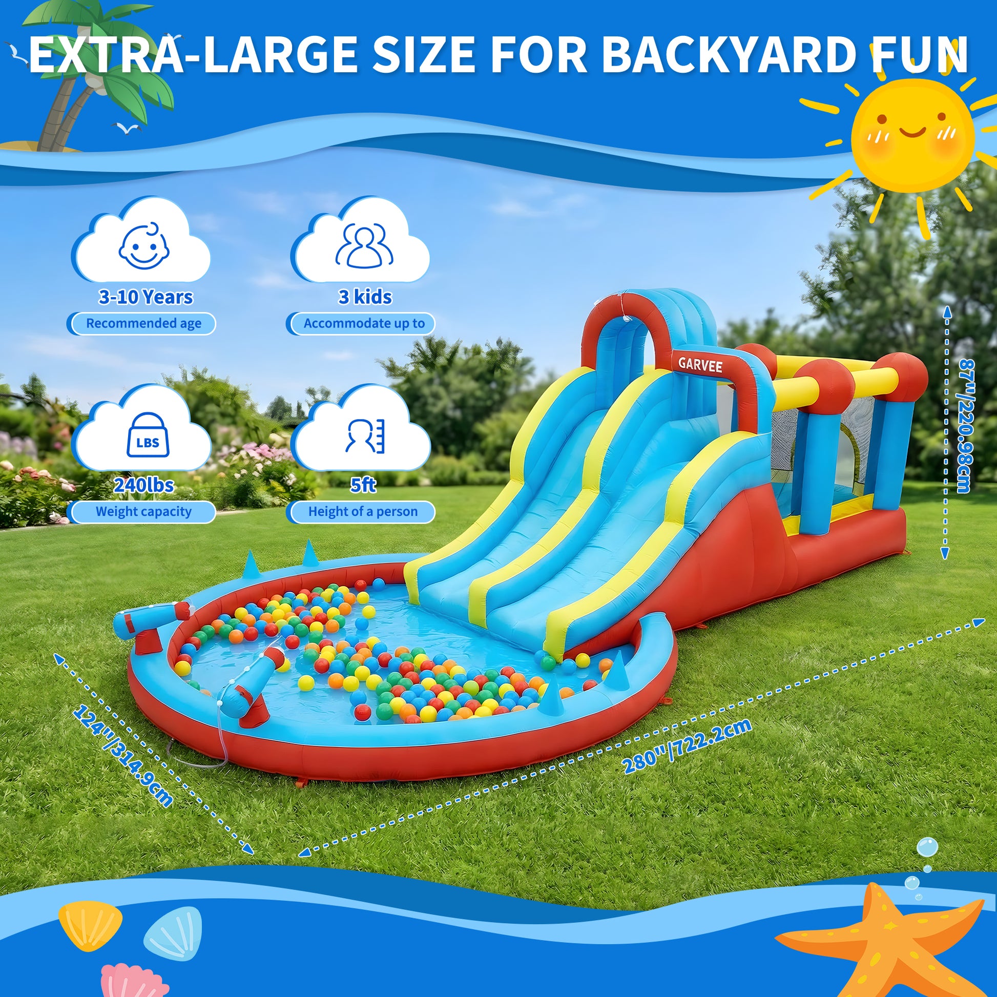 Garvee 8-in-1 Inflatable Water Park with Twin Slides, Climbing Frame & Bounce House – Heavy-Duty Oxford Fabric, 550W Electric Blower, Large Garden Paddling Pool for Kids  – British Standard