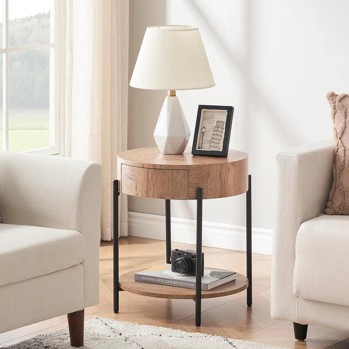 Garvee Vintage Farmhouse Round Side Table Bedside Table with Drawer and Sturdy Metal Legs Wood Accent Furniture for Living Room Bedroom and Home Office - Vintage Brown