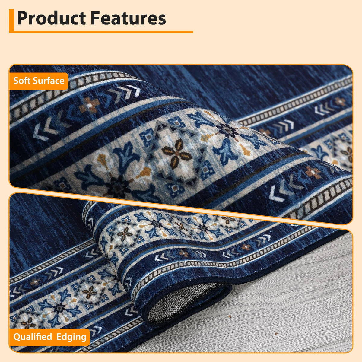 Garvee 60 × 230 cm Navy Blue Washable Bordered Area Rug, Non Slip Low Pile Non Shedding Rug, Modern Distressed Geometric Rug for Living Room Dining Room Bedroom