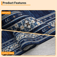 Garvee 60 × 230 cm Navy Blue Washable Bordered Area Rug, Non Slip Low Pile Non Shedding Rug, Modern Distressed Geometric Rug for Living Room Dining Room Bedroom