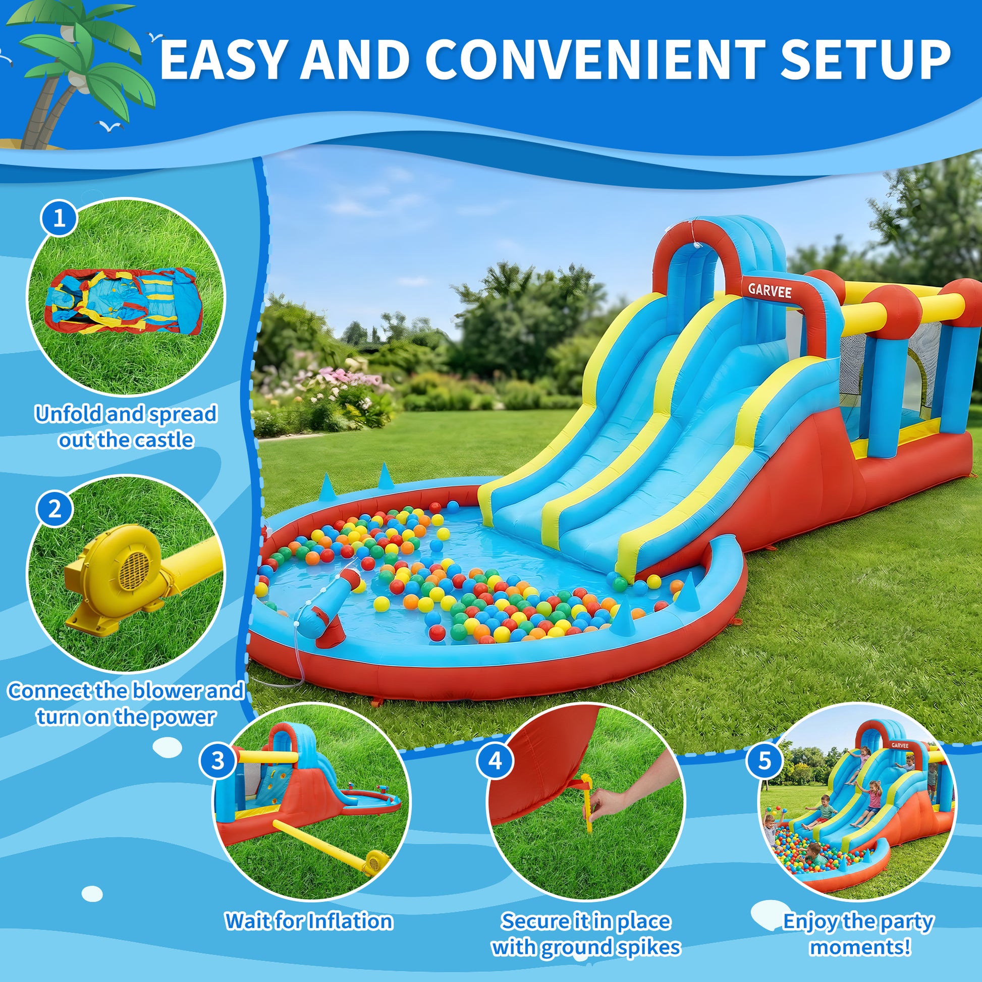 Garvee 8-in-1 Inflatable Water Park with Twin Slides, Climbing Frame & Bounce House – Heavy-Duty Oxford Fabric, 550W Electric Blower, Large Garden Paddling Pool for Kids  – British Standard