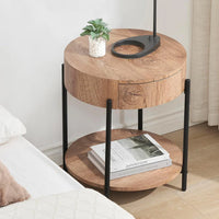 Garvee Vintage Farmhouse Round Side Table Bedside Table with Drawer and Sturdy Metal Legs Wood Accent Furniture for Living Room Bedroom and Home Office - Vintage Brown
