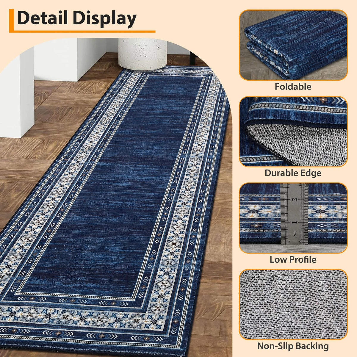 Garvee 60 × 230 cm Navy Blue Washable Bordered Area Rug, Non Slip Low Pile Non Shedding Rug, Modern Distressed Geometric Rug for Living Room Dining Room Bedroom