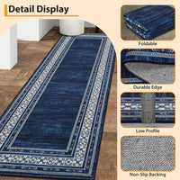 Garvee 60 × 230 cm Navy Blue Washable Bordered Area Rug, Non Slip Low Pile Non Shedding Rug, Modern Distressed Geometric Rug for Living Room Dining Room Bedroom