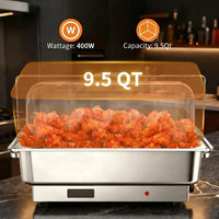 Garvee Pack of 2 Stainless Steel Electric Chafing Dish Buffet Servers 9.5QT Capacity with Roll Top Transparent Lids and Adjustable Temperature Control for Commercial Catering Parties and Home