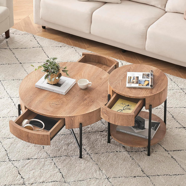 Garvee Vintage Farmhouse Round Side Table Bedside Table with Drawer and Sturdy Metal Legs Wood Accent Furniture for Living Room Bedroom and Home Office - Vintage Brown