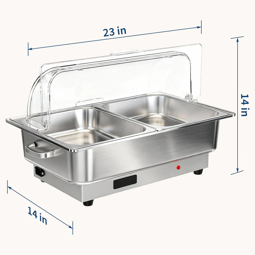 Garvee Pack of 2 Stainless Steel Electric Chafing Dish Buffet Servers 9.5QT Capacity with Roll Top Transparent Lids and Adjustable Temperature Control for Commercial Catering Parties and Home