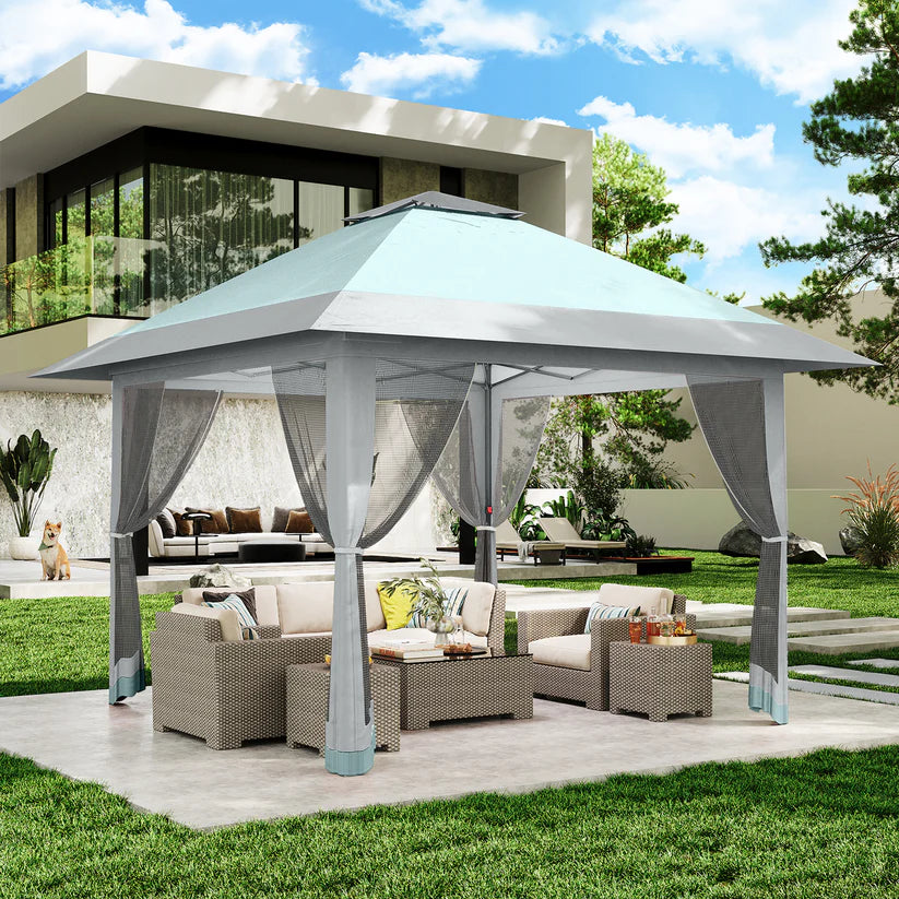 Garvee 396 x 396cm Canopy Tent Pop Up Gazebo With Mosquito Netting And Adjustable Height For Backyard Parties Lake Blue