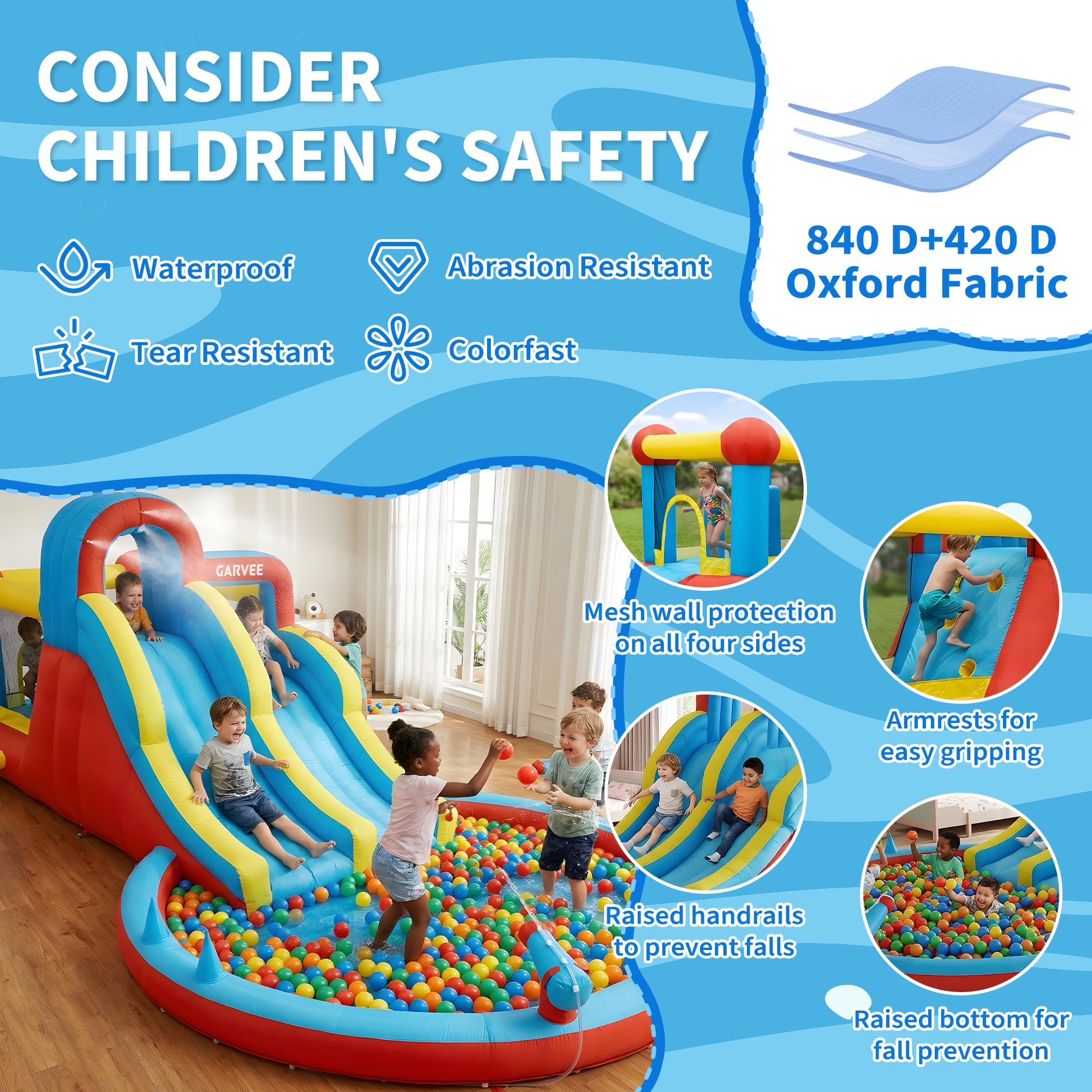 Garvee 8-in-1 Inflatable Water Park with Twin Slides, Climbing Frame & Bounce House – Heavy-Duty Oxford Fabric, 550W Electric Blower, Large Garden Paddling Pool for Kids  – British Standard