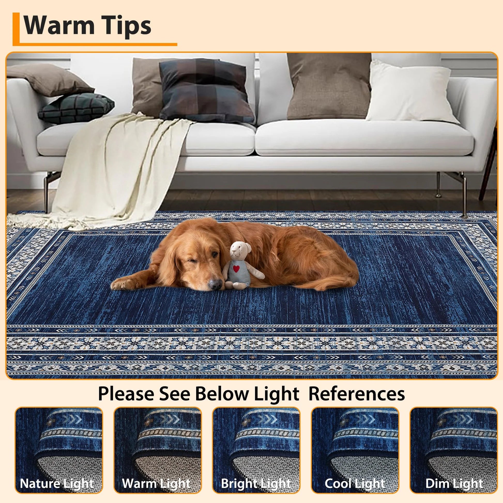 Garvee 60 × 230 cm Navy Blue Washable Bordered Area Rug, Non Slip Low Pile Non Shedding Rug, Modern Distressed Geometric Rug for Living Room Dining Room Bedroom