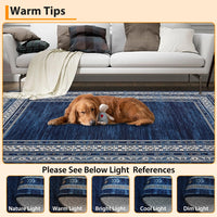 Garvee 60 × 230 cm Navy Blue Washable Bordered Area Rug, Non Slip Low Pile Non Shedding Rug, Modern Distressed Geometric Rug for Living Room Dining Room Bedroom