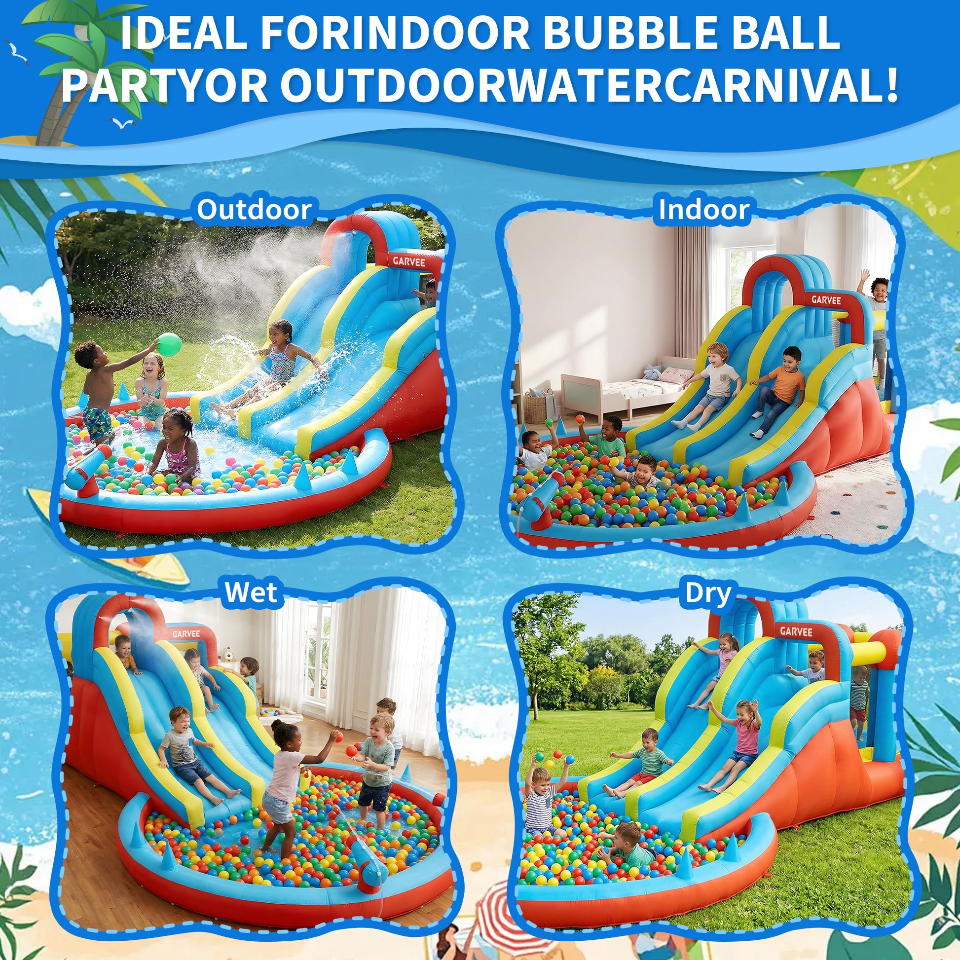 Garvee 8-in-1 Inflatable Water Park with Twin Slides, Climbing Frame & Bounce House – Heavy-Duty Oxford Fabric, 550W Electric Blower, Large Garden Paddling Pool for Kids  – British Standard