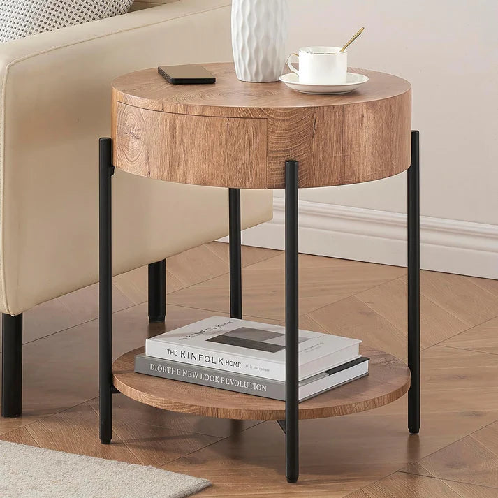 Garvee Vintage Farmhouse Round Side Table Bedside Table with Drawer and Sturdy Metal Legs Wood Accent Furniture for Living Room Bedroom and Home Office - Vintage Brown