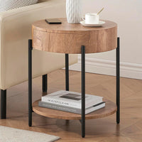 Garvee Vintage Farmhouse Round Side Table Bedside Table with Drawer and Sturdy Metal Legs Wood Accent Furniture for Living Room Bedroom and Home Office - Vintage Brown