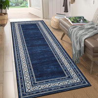 Garvee 60 × 230 cm Navy Blue Washable Bordered Area Rug, Non Slip Low Pile Non Shedding Rug, Modern Distressed Geometric Rug for Living Room Dining Room Bedroom