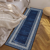 Garvee 60 × 230 cm Navy Blue Washable Bordered Area Rug, Non Slip Low Pile Non Shedding Rug, Modern Distressed Geometric Rug for Living Room Dining Room Bedroom
