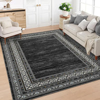 Garvee 120 × 170 cm Dark Grey Washable Bordered Area Rug, Non Slip Low Pile Non Shedding Rug, Modern Distressed Geometric Rug for Living Room Dining Room Bedroom