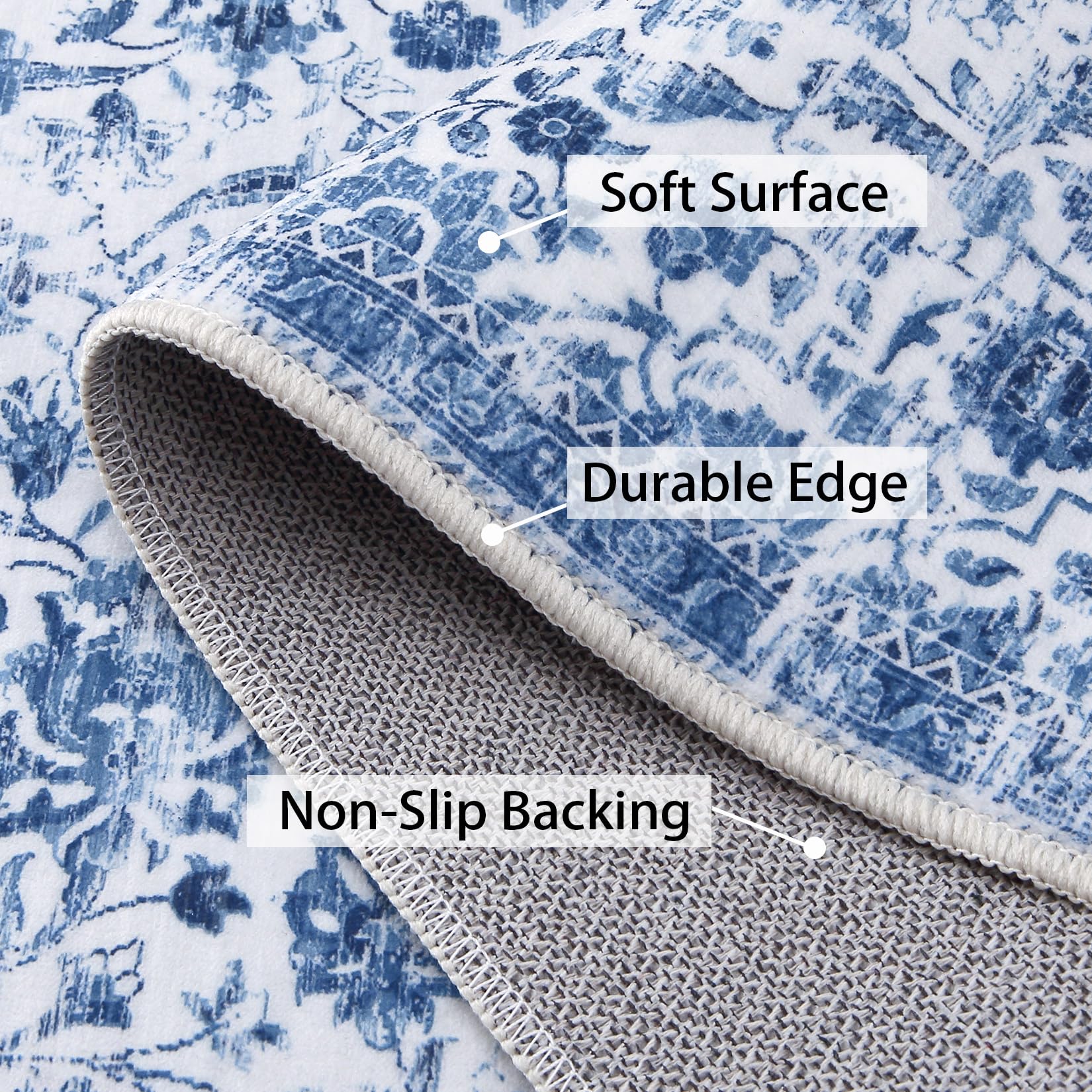 GARVEE 200x290cm Washable Area Rug Non-Slip Vintage Oriental Carpet Soft Modern Boho Stain Resistant Mat for Living Room Bedroom,Blue