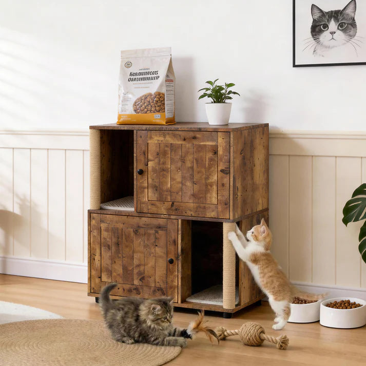 Garvee Double Layer Cat Litter Box Furniture With Scratching Post And Litter Mats, Wooden Corner Cabinet Cat Washroom Bed, Multi-Functional, Easy To Clean, Easy Assembly